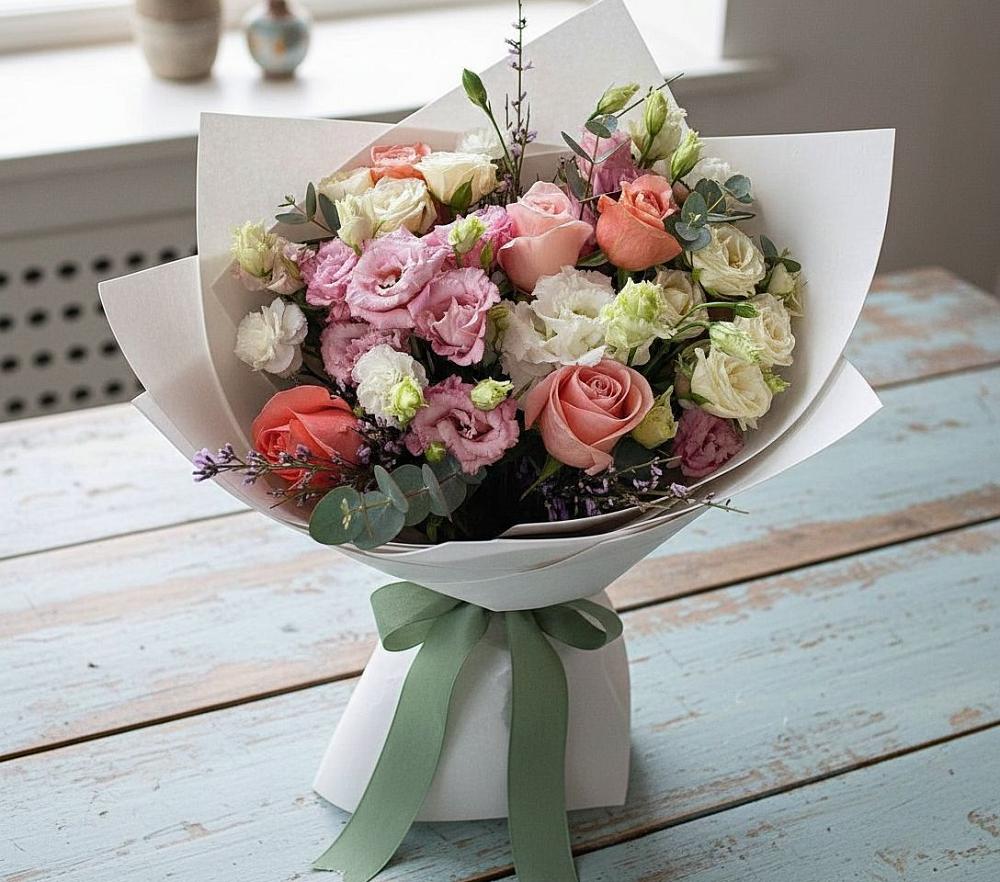 Букет цветов из: Розы, Лизиантусы и Гвоздики в Североморске