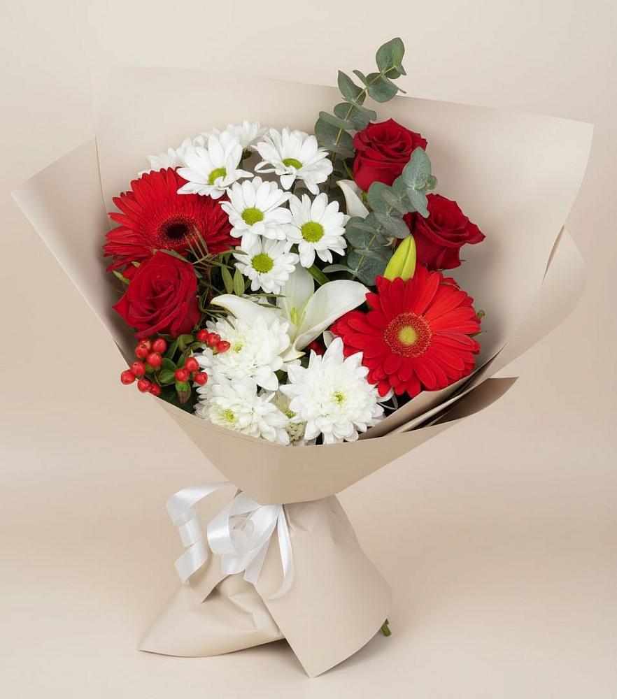 Букет цветов из: Розы, Хризантемы, Герберы и Лилии в Североморске